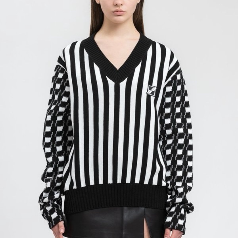WE11DONE Black Stripe Gingham Check V-Neck Knit Sweater Pullover